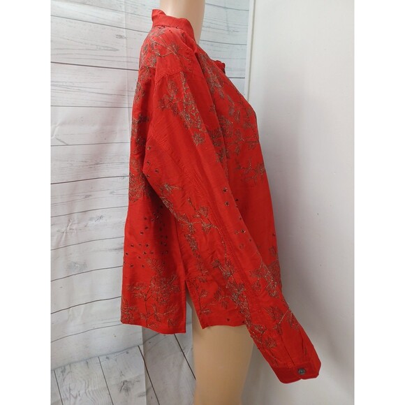 Chicos design floral button front top red long sleeve embroidery Sz 3 - XL/16 - Picture 3 of 9